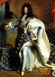 Louis XIV, painted by Hyacinthe Rigaud in 1701. Source=http://www.versailles.gen.ms.us/louis_xiv_big2.html