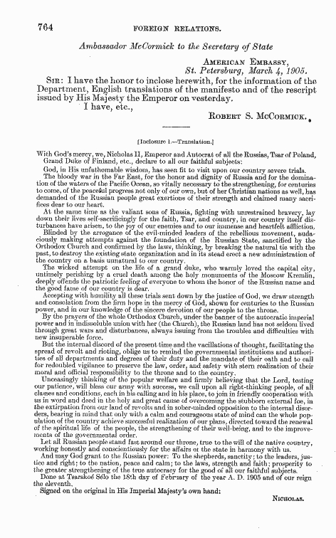 18 February 1905 Manifesto; Source Foreign Relations of the United States